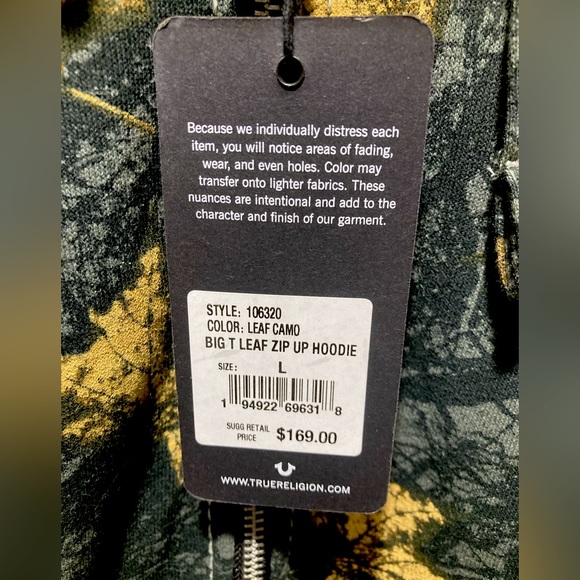 SOLD! NWT! True Religion “Leaf Camo” Big T Hoodie/Jogger set size Large - Picture 5 of 9